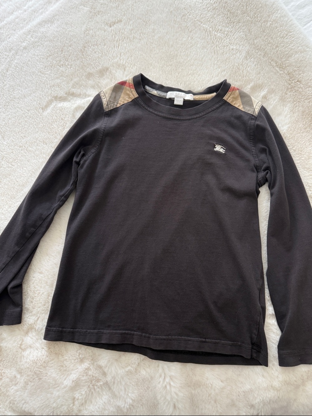 Burberry Black Long-Sleeve Tee with Signature Check Shoulder Panels size 8